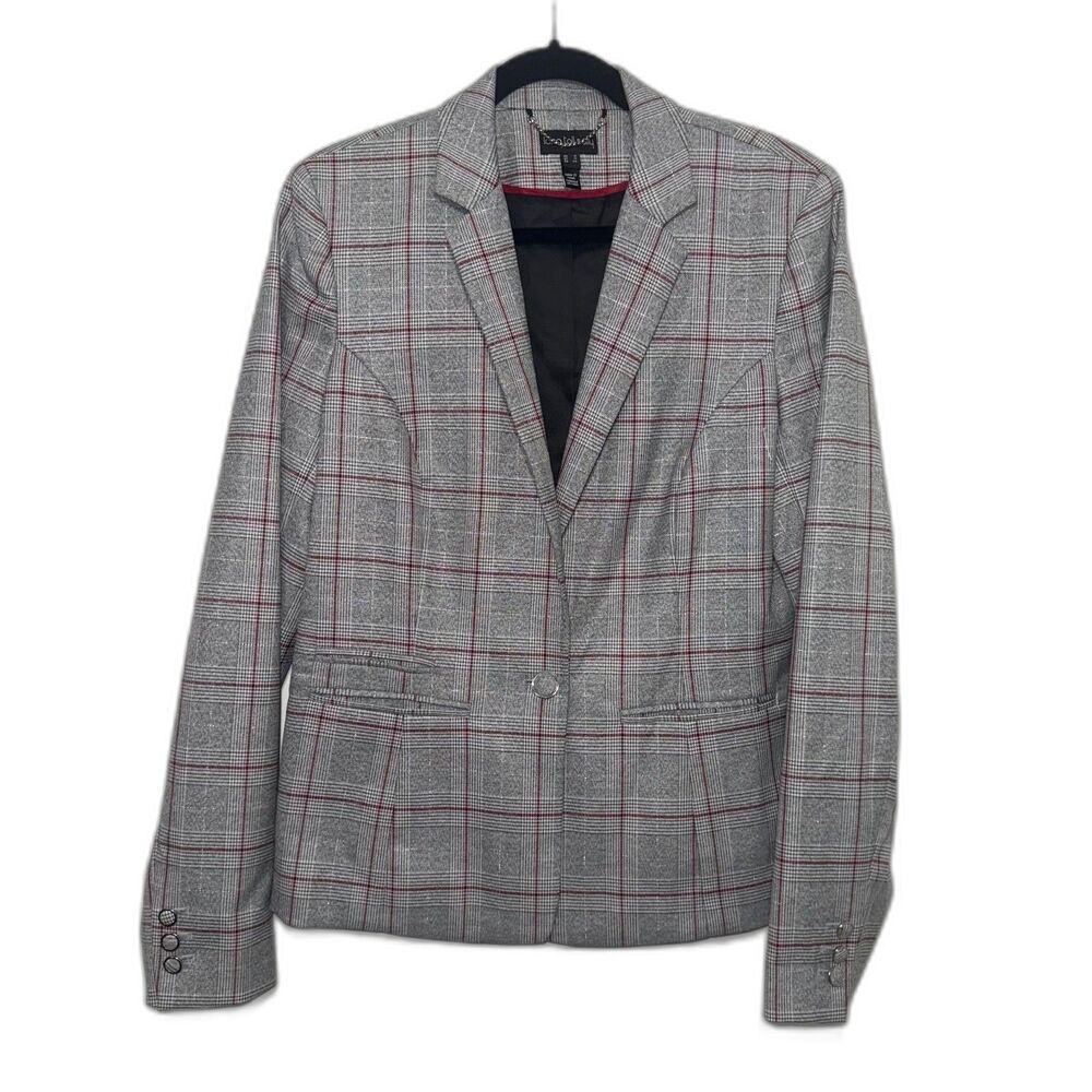 Long Tall Sally Houndstooth Plaid Single Button Blazer - Black/White/Red 12
